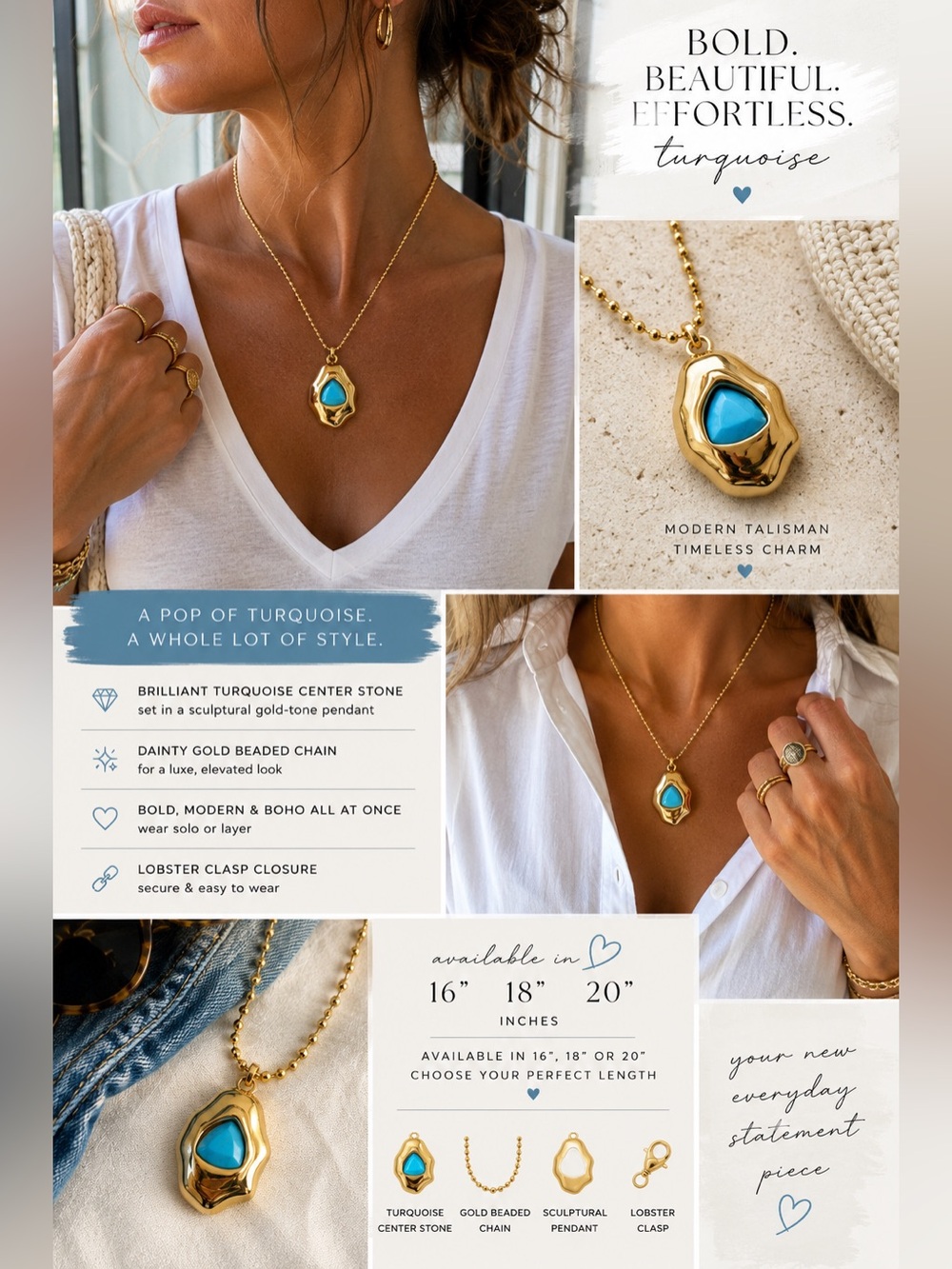 💙✨ Sculptural Gold & Turquoise Statement Pendant Necklace ✨💙